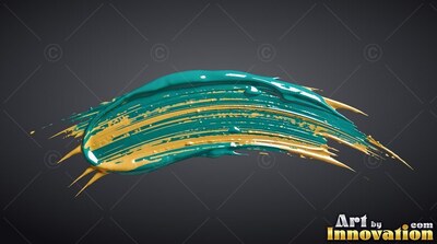 A thick stroke of teal and gold paint curves over dark gray backdrop with wet highlights