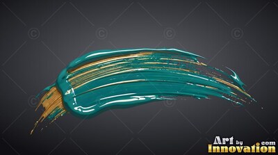 Cur ving on top of dark gray background, a thick stroke of gold and teal paint