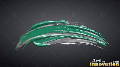 A curved swipe of wet green and silver paint over a dark gray backdrop