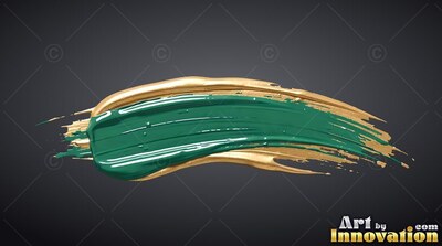 On a dark gray surface, a thick stroke of teal paint rests over gold paint