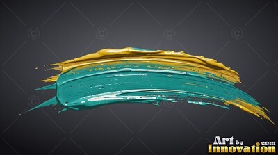 Sweeping across a dark background, a thick stroke of wet teal paint is bordered by yellow