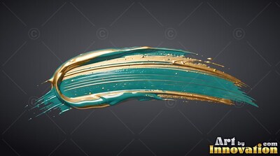 Thick teal and gold brushstroke across a dark background