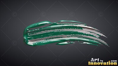 Thick bristle ridges mark a wet green and silver paint stroke across dark gray