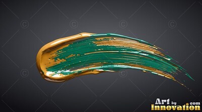 A thick stroke of teal paint spreads across dark gray with glossy golden edges