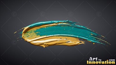 Curving on top of dark gray backdrop, thick teal and yellow paint stroke spreads out
