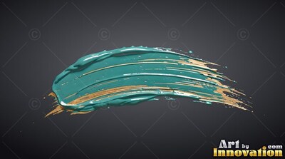 A curved brush stroke of rich teal paint mixed with shiny gold on dark gray