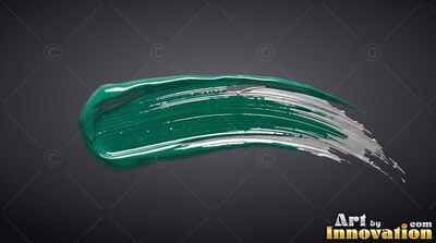 Against a dark gray background, a thick teal and silver paint streak spreads across