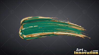 Curving horizontally, a thick green brushstroke with shiny gold edges sits on dark gray