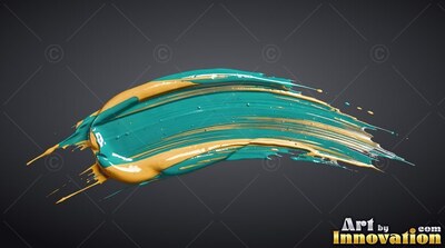 Teal and yellow paint stroke on a plain dark gray background