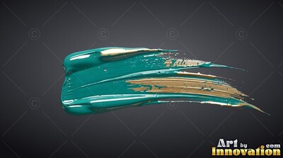 Thick bristle ridges in a gold and teal paint smear against dark slate background