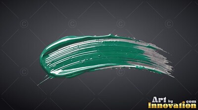 A thick teal brushstroke sweeps across a dark background, edged in glossy silver streaks