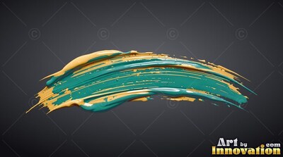Curving on top of dark gray backdrop, a thick stroke of teal and golden paint