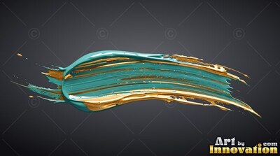 A thick brushstroke of wet teal and shiny gold paint sweeps on top of dark gray background