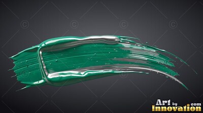 On a plain dark gray background, a heavy brushstroke of teal paint curves sideways with wet silver rims
