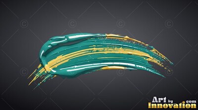 Curving over a dark gray backdrop, thick teal paint blends with yellow strokes