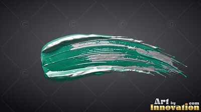 Thick brush ridges curve across a curved teal and silver paint stroke on a dark gray surface