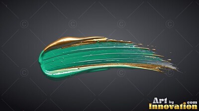 A thick teal paint stroke spreads across gray, tipped with shiny gold ridges