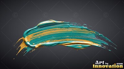 Curving horizontally across a dark gray space, thick teal and golden paint brushes sideways