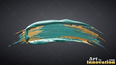 A thick sweep of wet teal and gold paint across a plain dark gray background