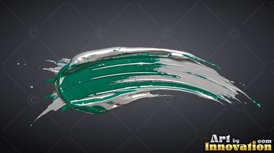 On a dark gray backdrop, a curved stroke of thick teal and silver paint