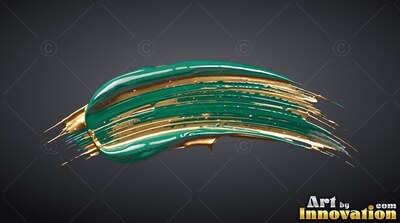 Sweeping across a dark backdrop, a thick teal and golden paint stroke shines with ridges