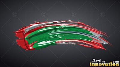 A curved brushstroke of green, red, and white paint