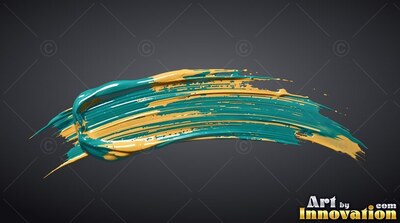 Thick ridges of wet teal and yellow paint curve over a dark gray backdrop