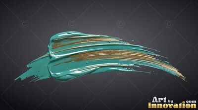 A deep brushstroke of teal paint flows across black with glossy gold ridges