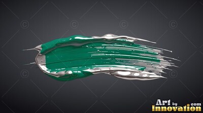 Stretched horizontally against a dark gray backdrop, a stroke of teal and silver paint