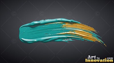 Thick teal and golden paint swept across a dark gray surface