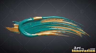On a dark gray backdrop, a deep teal paint stroke is streaked with gold