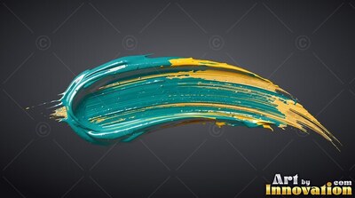 Thick bristle ridges mark a curved teal and yellow paint stroke against dark gray