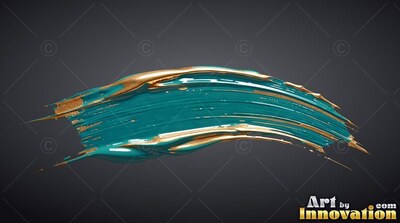 Curving sideways across dark gray, a thick teal and gold paint stroke