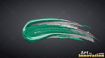 A curved brushstroke of wet teal and white paint stretches across a dark background