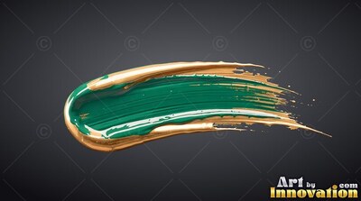 On a gray background, a thick stroke of green paint is edged with shiny gold