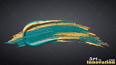 Sweeping across a plain dark gray background, a thick brushstroke blends wet teal and gold paint