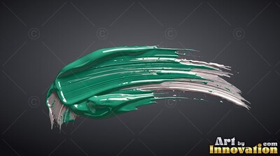 Glossy ridges of teal and white paint sweep against dark gray backdrop