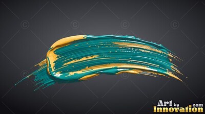 Teal and yellow paint curves across a deep gray background with thick glossy ridges