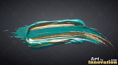 Curving horizontally against dark gray, a thick teal and gold paint stroke
