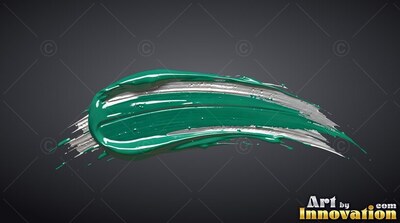 A thick smear of shiny green and silver paint over plain dark gray background