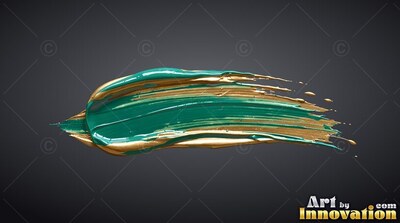 On a dark gray background, a thick stroke of teal and golden paint runs across