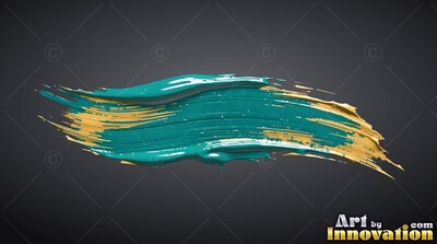 Sweeping across dark gray, a thick teal paint smear blends with textured gold streaks