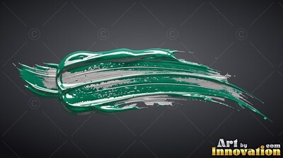 Thick ridges of glossy green and silver paint sweep across a dark gray backdrop