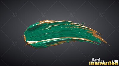 A teal paint stroke curves across the deep gray background with shiny gold edges