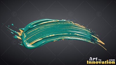 Curving upward against a dark gray space, a thick gold and brushstroke of teal paint