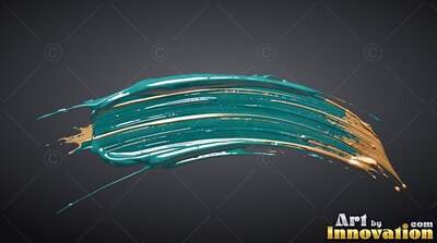 A thick sweep of glossy teal paint mixed with gold on dark gray