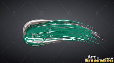 On a dark gray background, a thick teal and silver paint stroke runs across