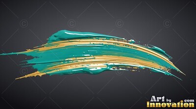 Sweeping across dark gray, a thick brushstroke blends teal paint mixed with gold