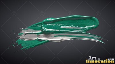Thick ridges of glossy teal paint mixed with silver rest on a dark gray surface