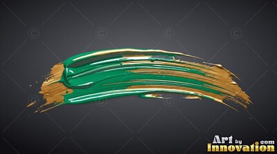 A streak of wet green and gold paint runs across dark gray with glossy highlights